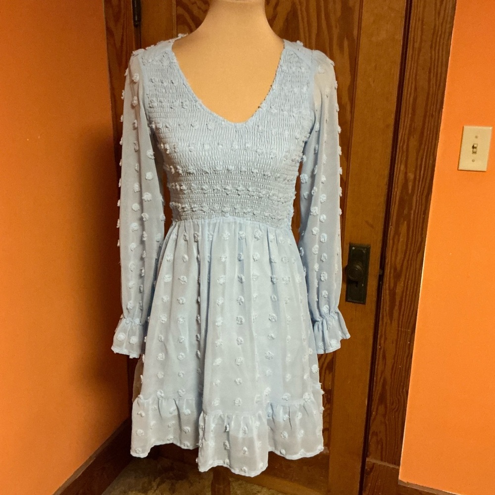 BTFBM Light Blue Swiss Dot Smocked Dress Boho Romantic Long Sleeve Ruffle Hem - Picture 5 of 10